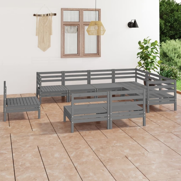 Set Divani da Giardino 9 pz in Legno Massello di Pino Grigio