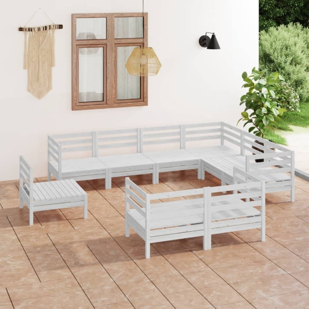 Set Divani da Giardino 9 pz Bianco in Legno Massello di Pino