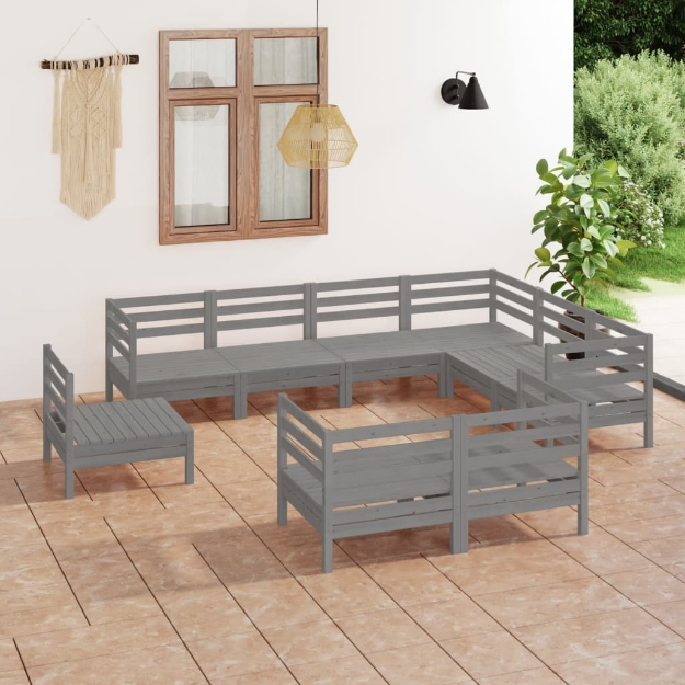 Set Divani da Giardino 9 pz Grigio in Legno Massello di Pino