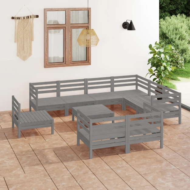 Set Divani da Giardino 10 pz in Legno Massello di Pino Grigio