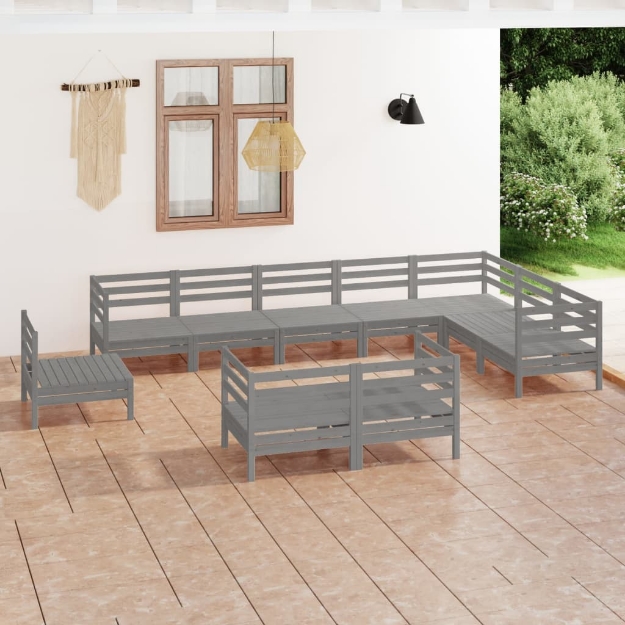 Set Divani da Giardino 10 pz in Legno Massello di Pino Grigio