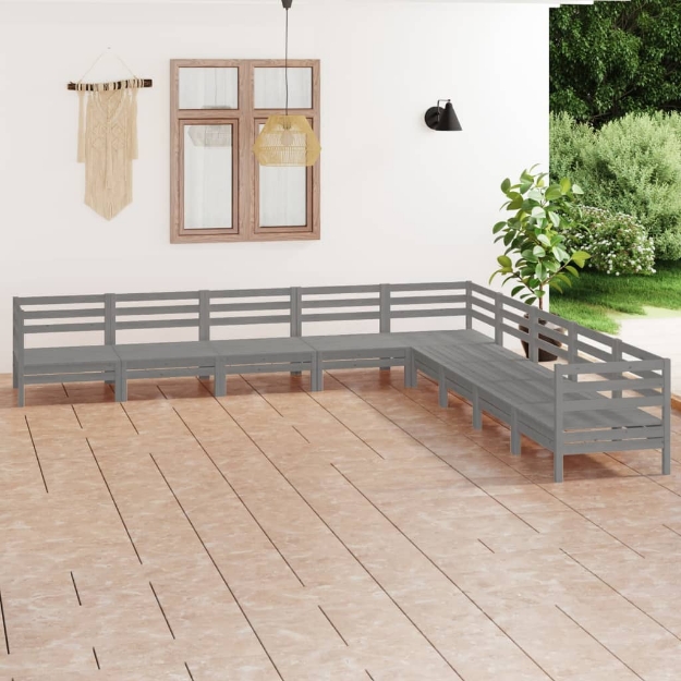 Set Divani da Giardino 9 pz in Legno Massello di Pino Grigio