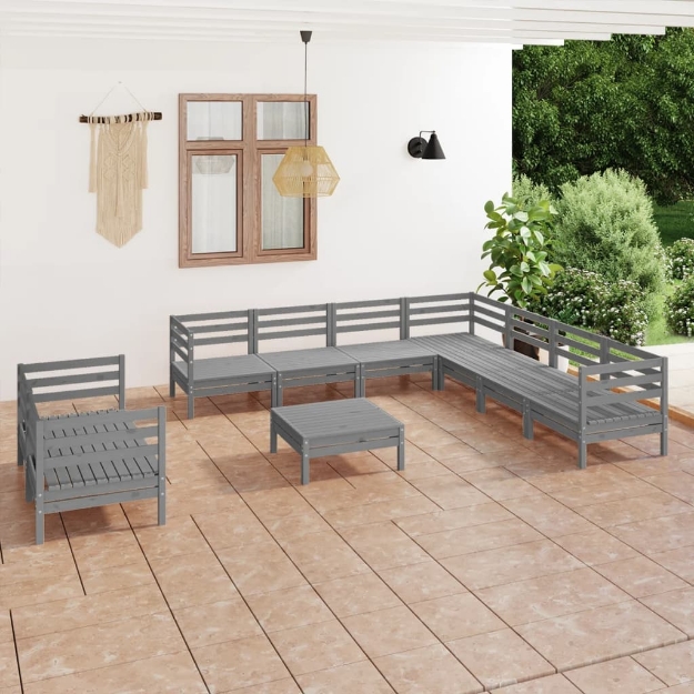 Set Divani da Giardino 10 pz in Legno Massello di Pino Grigio