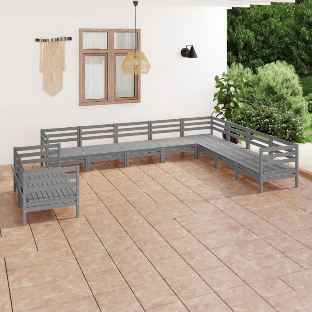 Set Divani da Giardino 10 pz in Legno Massello di Pino Grigio