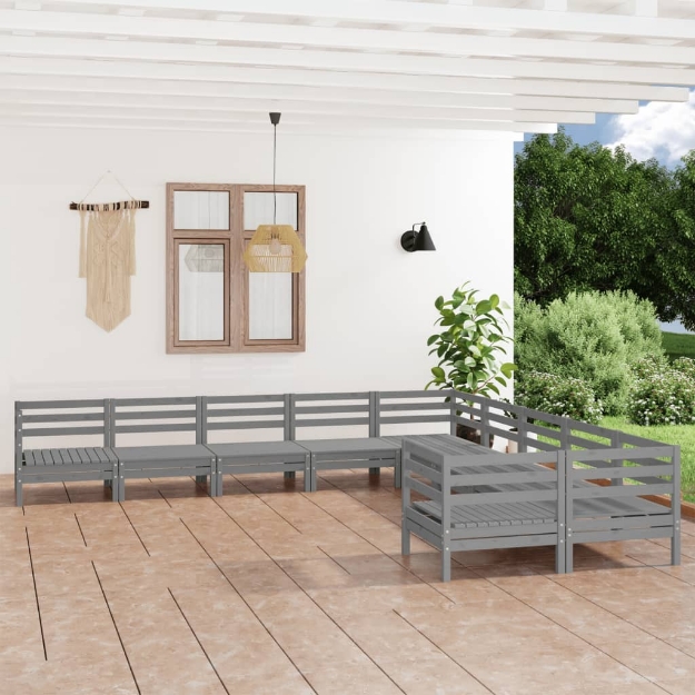 Set Divani da Giardino 10 pz Grigio in Legno Massello di Pino