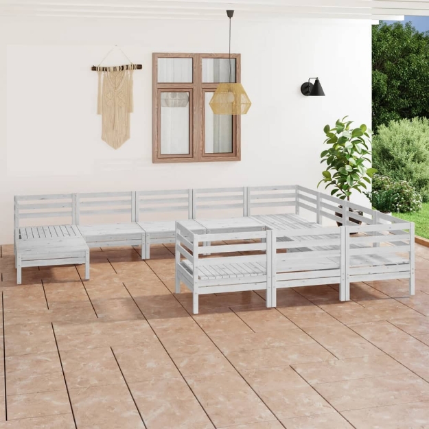 Set Divani da Giardino 11 pz Bianco in Legno Massello di Pino