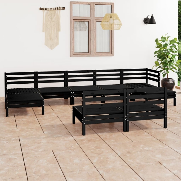 Set Divani da Giardino 9 pz Nero in Legno Massello di Pino