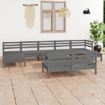 Set Divani da Giardino 10 pz Grigio in Legno Massello di Pino