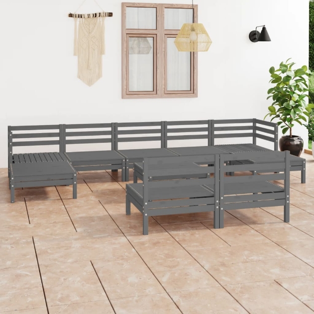 Set Divani da Giardino 10 pz Grigio in Legno Massello di Pino