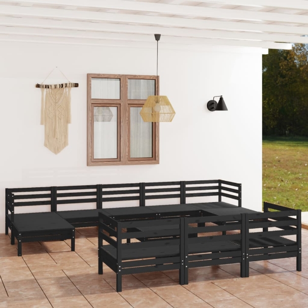 Set Divani da Giardino 11 pz Nero in Legno Massello di Pino