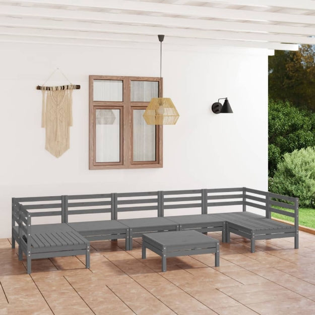 Set Divani da Giardino 8 pz Grigio in Legno Massello di Pino