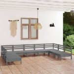 Set Divani da Giardino 9 pz Grigio in Legno Massello di Pino