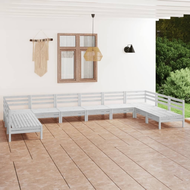 Set Divani da Giardino 10 pz Bianco in Legno Massello di Pino