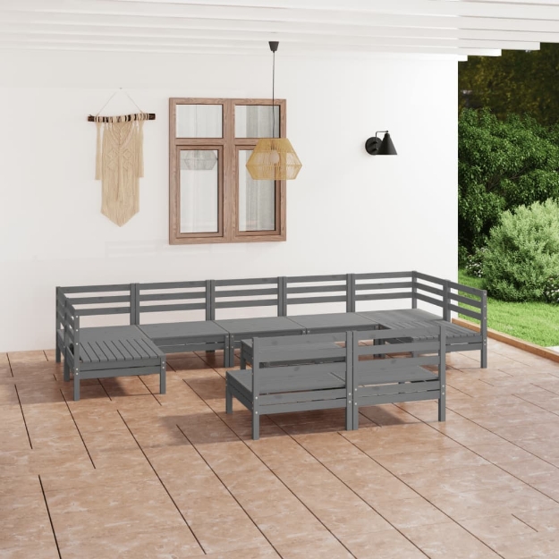 Set Divani da Giardino 10 pz Grigio in Legno Massello di Pino