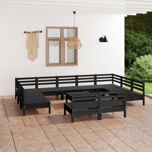 Set Divani da Giardino 12 pz Nero in Legno Massello di Pino