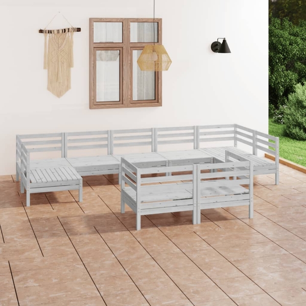 Set Divani da Giardino 9 pz Bianco in Legno Massello di Pino