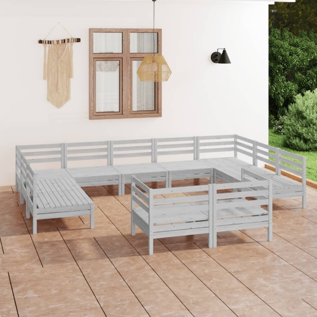 Set Divani da Giardino 11 pz Bianco in Legno Massello di Pino