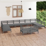 Set Divani da Giardino 12 pz Grigio in Legno Massello di Pino