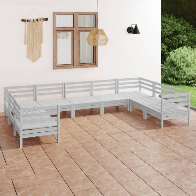 Set Divani da Giardino 9 pz Bianco in Legno Massello di Pino