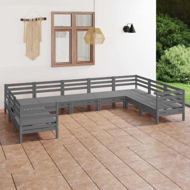 Set Divani da Giardino 9 pz Grigio in Legno Massello di Pino