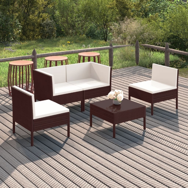 Set Divani da Giardino 5 pz con Cuscini in Polyrattan Marrone