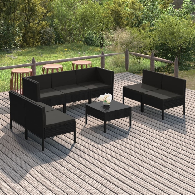 Set Divani da Giardino 8 pz con Cuscini in Polyrattan Nero