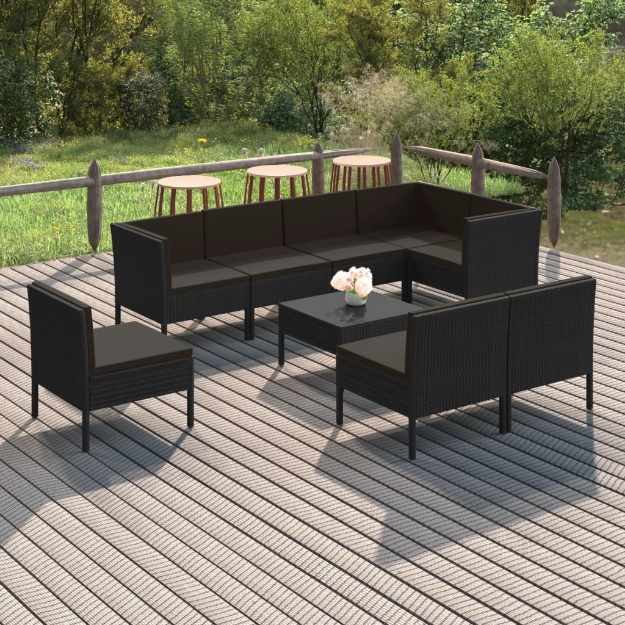 Set Divani da Giardino 9 pz con Cuscini in Polyrattan Nero