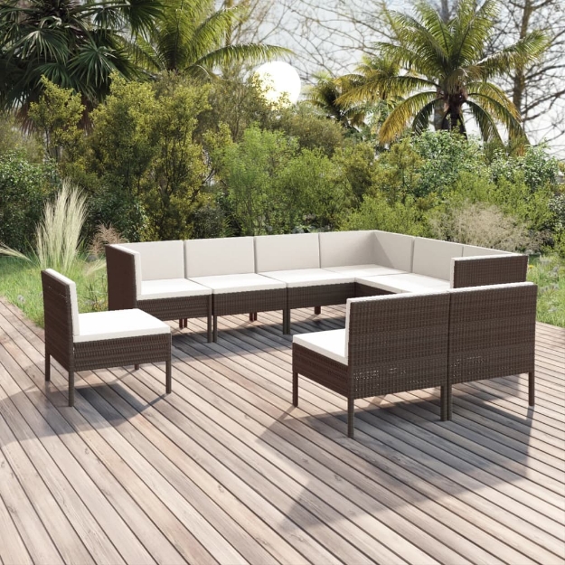 Set Divani da Giardino 9 pz con Cuscini in Polyrattan Marrone