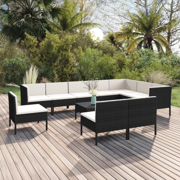 Set Divani da Giardino 11 pz con Cuscini in Polyrattan Nero