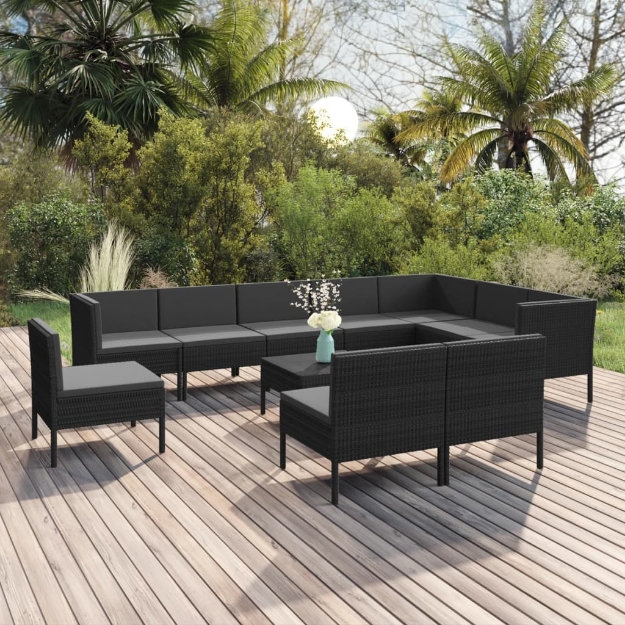 Set Divani da Giardino 11 pz con Cuscini in Polyrattan Nero