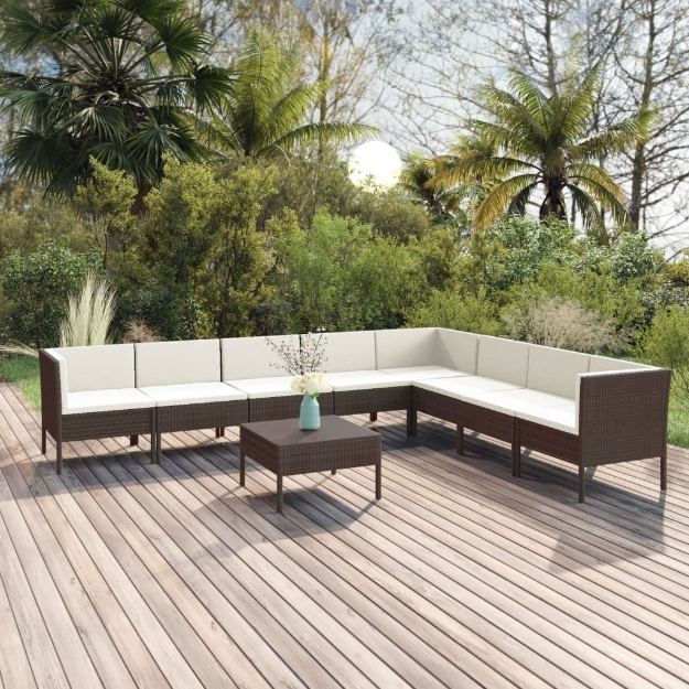 Set Divani da Giardino 9 pz con Cuscini in Polyrattan Marrone