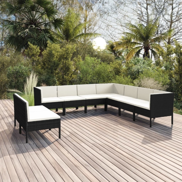 Set Divani da Giardino 9 pz con Cuscini in Polyrattan Nero