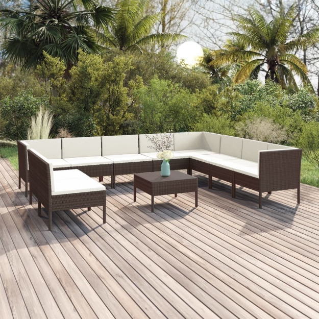 Set Divani da Giardino 11 pz con Cuscini in Polyrattan Marrone