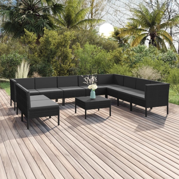 Set Divani da Giardino 11 pz con Cuscini in Polyrattan Nero