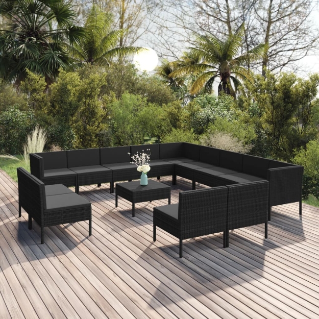 Set Divani da Giardino 14 pz con Cuscini in Polyrattan Nero