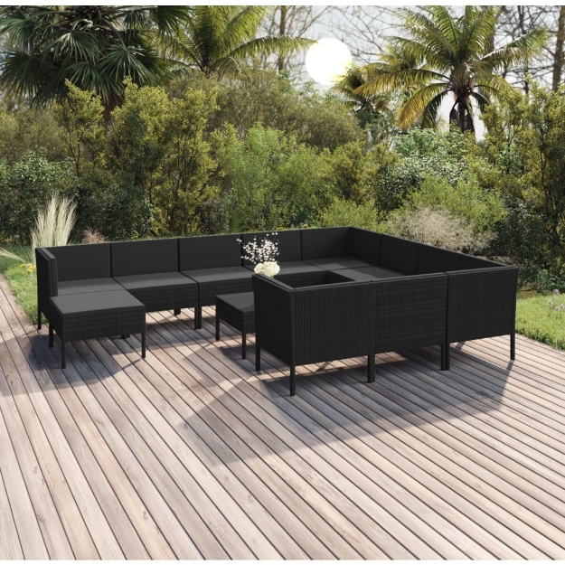 Set Divani da Giardino 12 pz con Cuscini in Polyrattan Nero