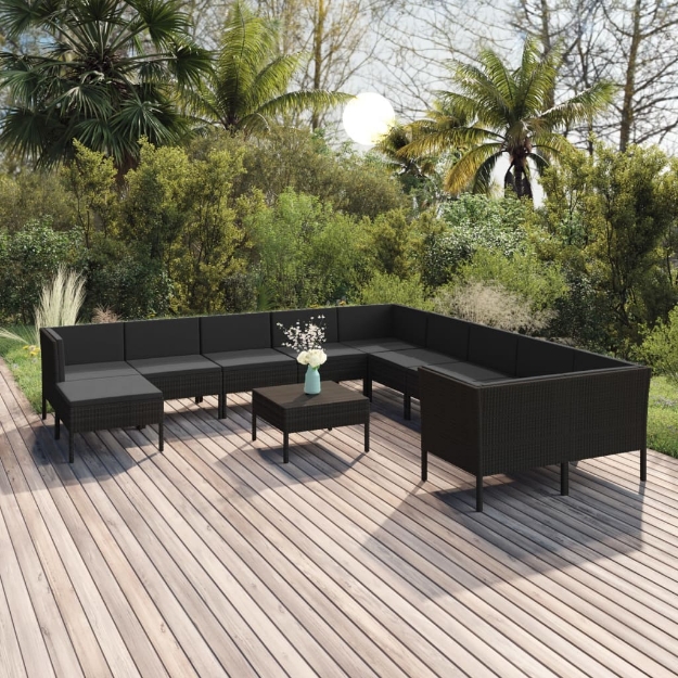 Set Divani da Giardino 12 pz con Cuscini in Polyrattan Nero