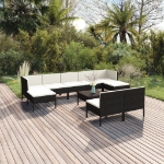 Set Divani da Giardino 10 pz con Cuscini in Polyrattan Nero