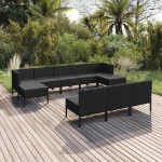 Set Divani da Giardino 10 pz con Cuscini in Polyrattan Nero