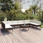 Set Divani da Giardino 11 pz con Cuscini in Polyrattan Marrone