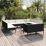 Set Divani da Giardino 12 pz con Cuscini in Polyrattan Nero