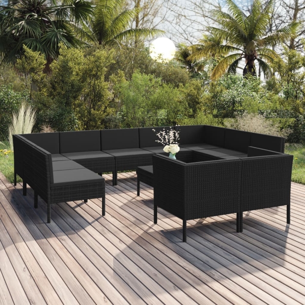 Set Divani da Giardino 12 pz con Cuscini in Polyrattan Nero