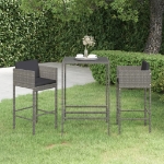 Set Bar da Giardino 3 pz con Cuscini in Polyrattan Grigio