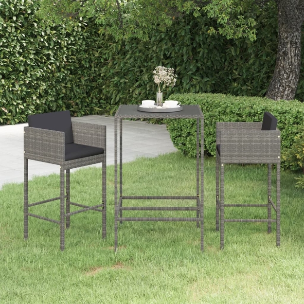 Set Bar da Giardino 3 pz con Cuscini in Polyrattan Grigio