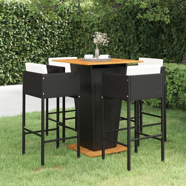 Set Bar da Giardino 5 pz con Cuscini in Polyrattan Nero