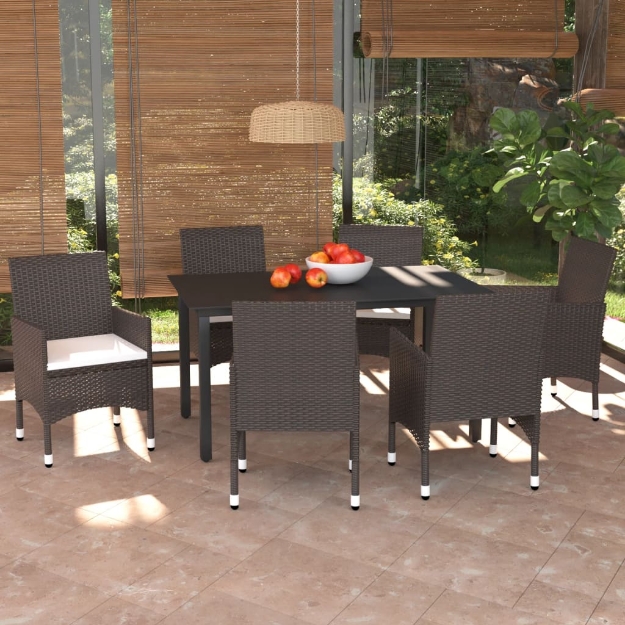 Set da Pranzo per Giardino 7 pz con Cuscini Polyrattan Marrone