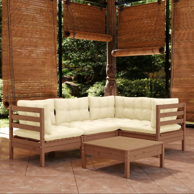 Set Divani da Giardino 5 pz con Cuscini Miele Legno di Pino