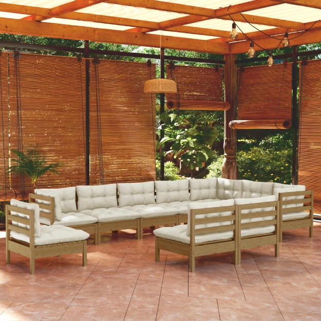 Set Divani da Giardino 10 pz con Cuscini Miele Legno di Pino