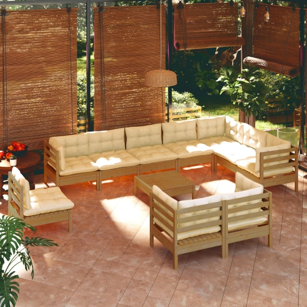 Set Divani da Giardino 11 pz con Cuscini Miele Legno di Pino