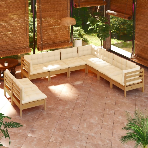 Set Divani da Giardino 9 pz con Cuscini Miele in Legno di Pino